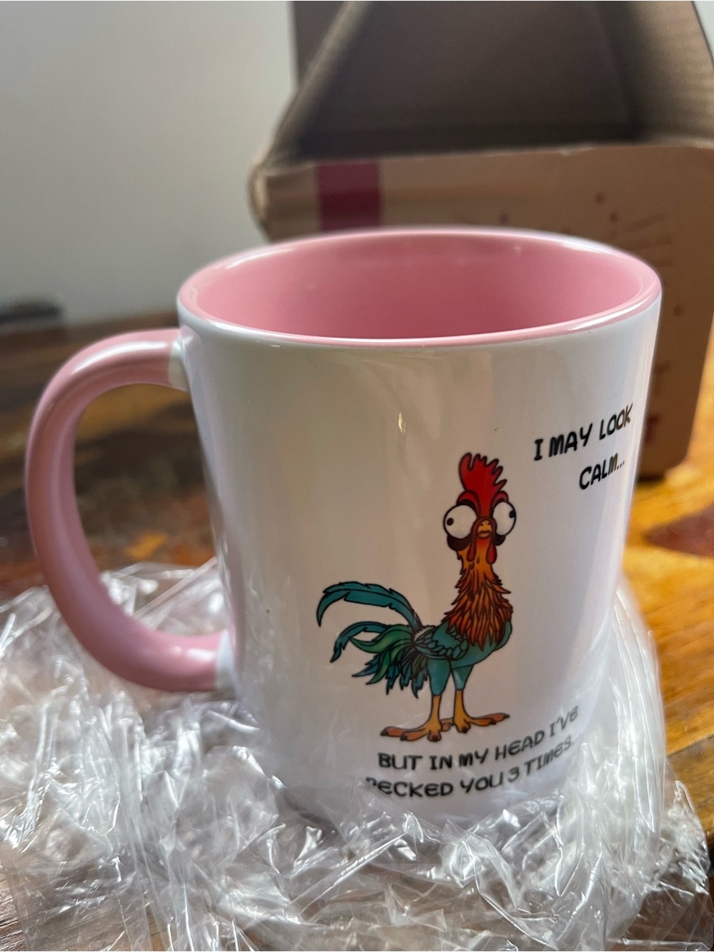 Pink and White Rooster Mug - Pink Interior and Handle